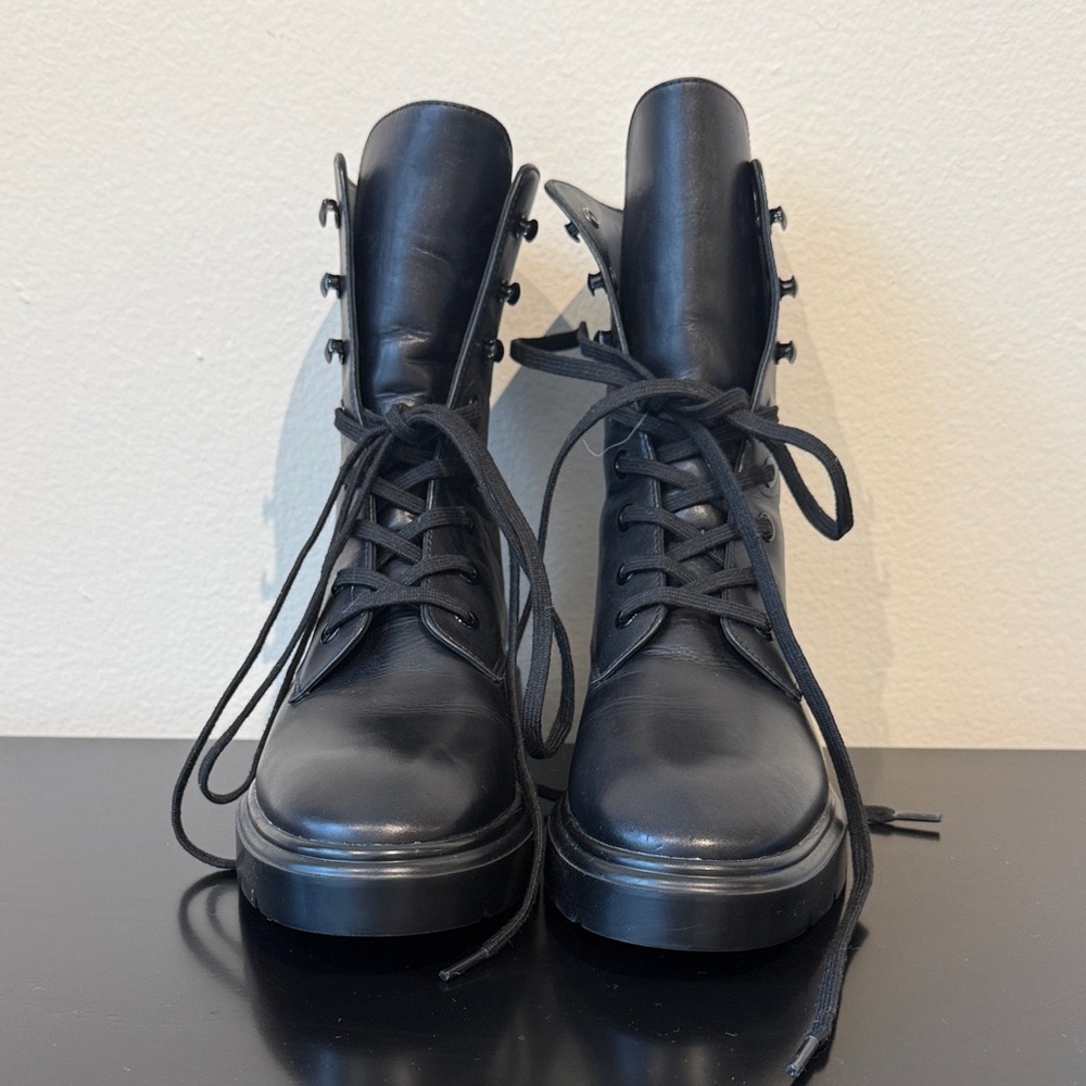 Stuart Weitzman Black Leather Lace-Up Platform Combat Boots
